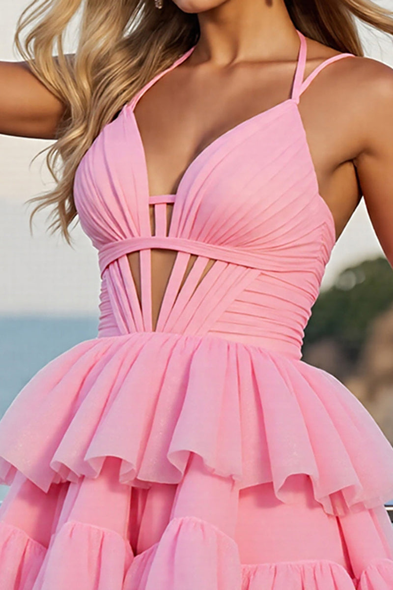 Load image into Gallery viewer, Pink A Line Tulle Spaghetti Straps Short Prom Dress