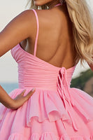 Load image into Gallery viewer, Pink A Line Tulle Spaghetti Straps Short Prom Dress