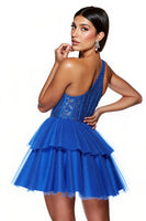 Load image into Gallery viewer, Royal Blue A Line Corset One Shoulder Short Tulle Prom Dress