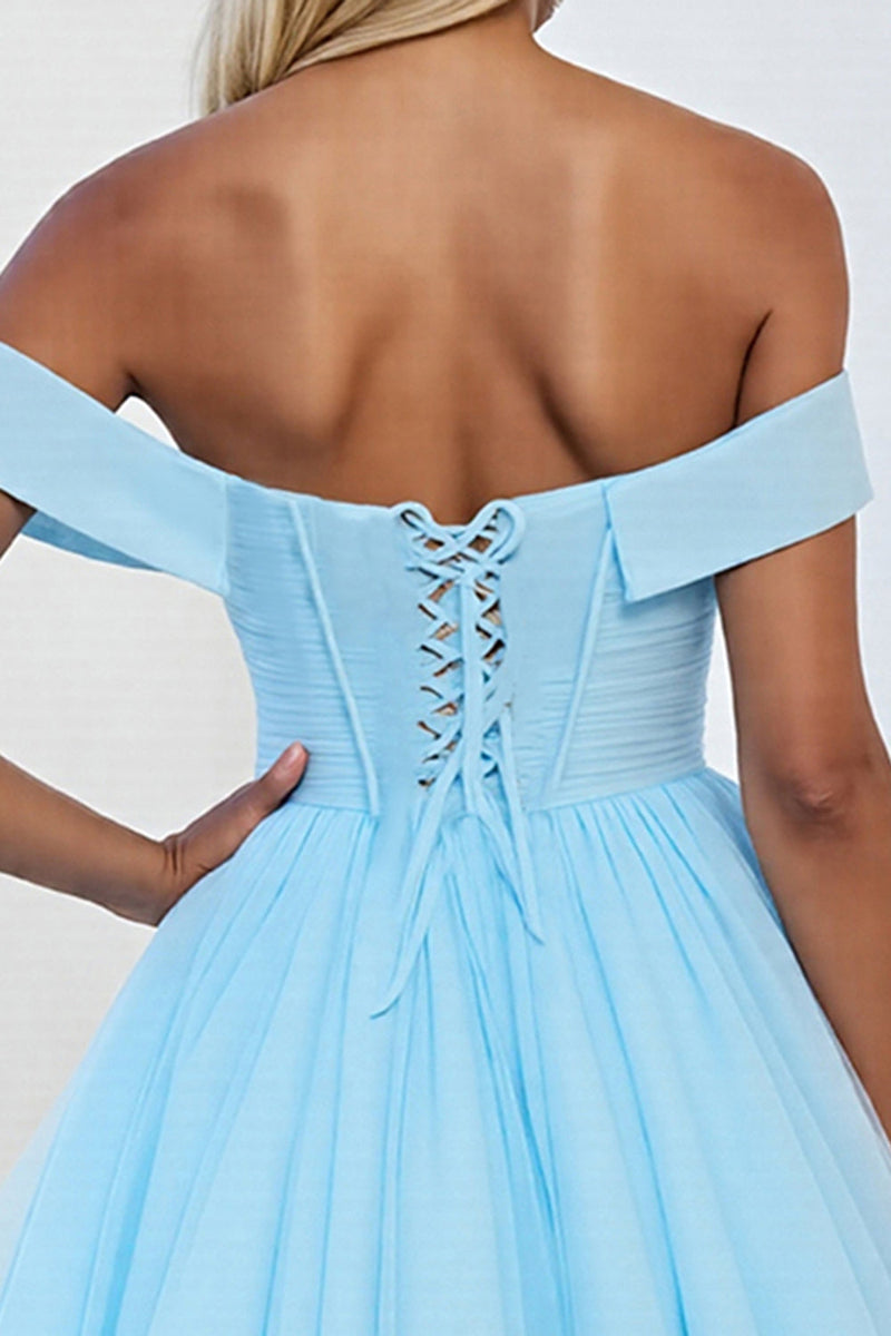 Load image into Gallery viewer, Light Blue Tulle A Line Off the Shoulder Short Prom Dress