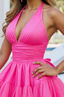 Load image into Gallery viewer, Fuchsia Tulle A Line Halter Short Prom Dress