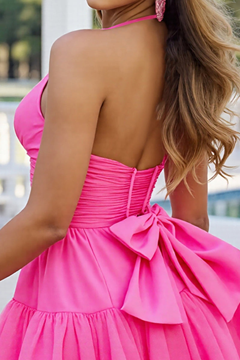 Load image into Gallery viewer, Fuchsia Tulle A Line Halter Short Prom Dress