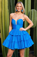 Load image into Gallery viewer, Bright Blue A Line Strapless Ruched Short Prom Dress