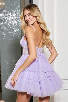 Lilac A Line Tulle Corset Short Prom Dress with Bow