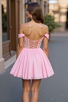 Sparkly Pink A Line Tulle Off the Shoulder Short Corset Prom Dress