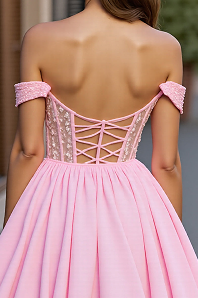 Load image into Gallery viewer, Sparkly Pink A Line Tulle Off the Shoulder Short Corset Prom Dress