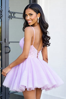 Lilac A Line Tulle Corset Short Prom Dress with Lace