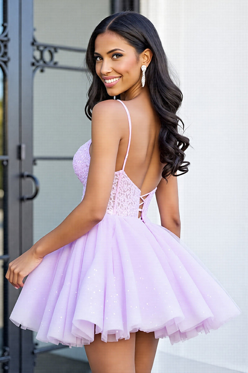 Load image into Gallery viewer, Lilac A Line Tulle Corset Short Prom Dress with Lace