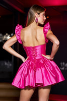 Load image into Gallery viewer, Fuchsia A Line Corset Satin Short Prom Dress