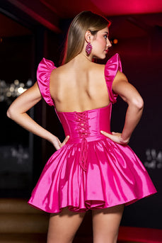 Fuchsia A Line Corset Satin Short Prom Dress
