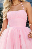 Load image into Gallery viewer, Pink A Line Ruched Spaghetti Straps Short Tulle Prom Dress
