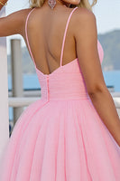 Load image into Gallery viewer, Pink A Line Ruched Spaghetti Straps Short Tulle Prom Dress