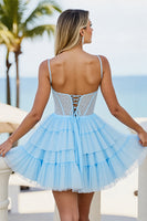 Load image into Gallery viewer, Light Blue Tulle A Line Short Corset Prom Dress with Beading