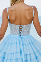 Load image into Gallery viewer, Light Blue Tulle A Line Short Corset Prom Dress with Beading