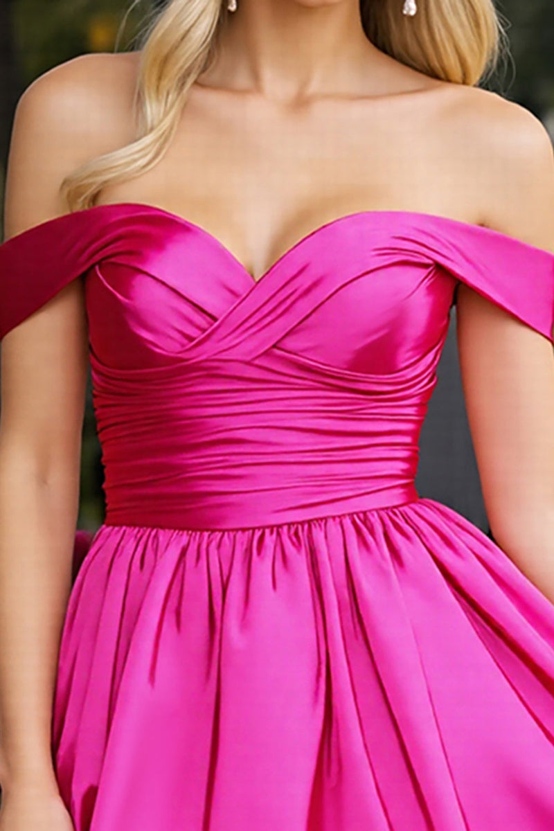 Load image into Gallery viewer, Fuchsia A Line Satin Off the Shoulder Short Prom Dress