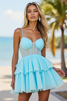 Load image into Gallery viewer, Blue Tulle A Line Corset Tiered Short Prom Dress