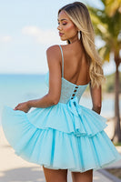 Load image into Gallery viewer, Blue Tulle A Line Corset Tiered Short Prom Dress