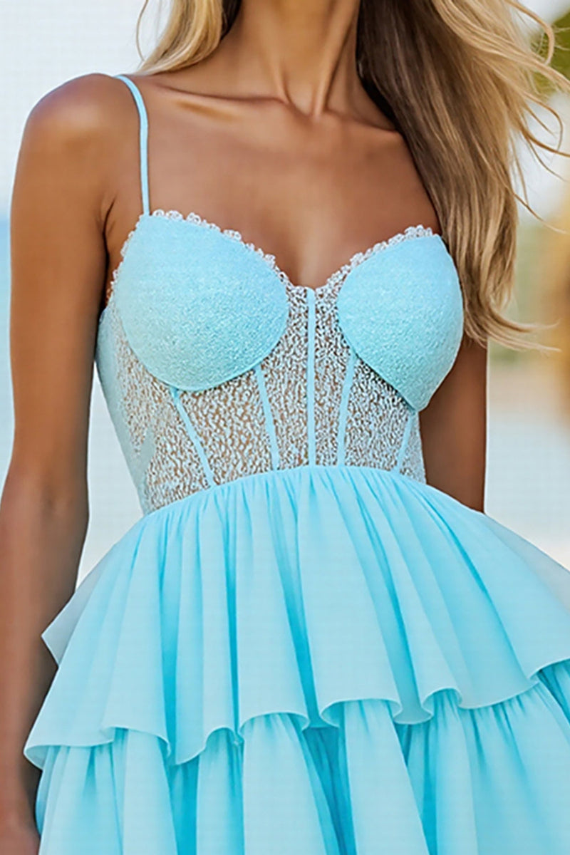 Load image into Gallery viewer, Blue Tulle A Line Corset Tiered Short Prom Dress