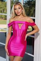 Load image into Gallery viewer, Fuchsia Satin Corset Off the Shoulder Short Bodycon Prom Dress