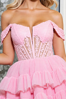 Load image into Gallery viewer, Corset Pink Tulle A Line Short Prom Dress with Appliques