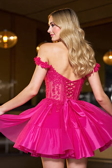 Fuchsia Corset A Line Tulle Short Prom Dress with Lace