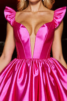 Load image into Gallery viewer, Fuchsia Satin A Line Cap Sleeves Short Corset Prom Dress