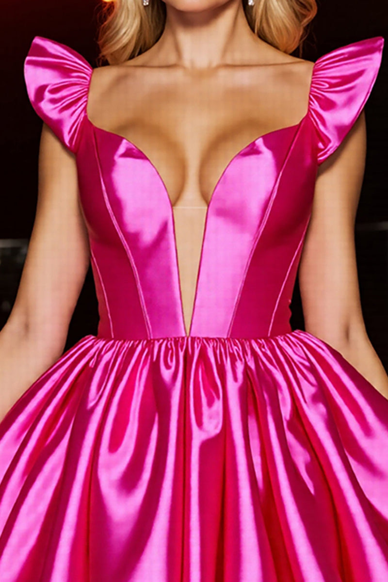 Load image into Gallery viewer, Fuchsia Satin A Line Cap Sleeves Short Corset Prom Dress