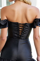 Load image into Gallery viewer, Black Corset Satin Off the Shoulder Short Prom Dress with Ruffles