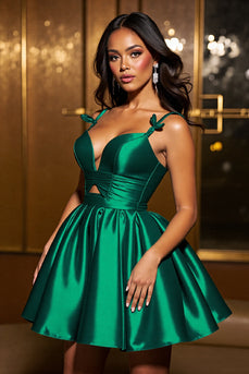 Dark Green A Line Spaghetti Straps Short Satin Prom Dress