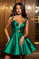 Load image into Gallery viewer, Dark Green A Line Spaghetti Straps Short Satin Prom Dress