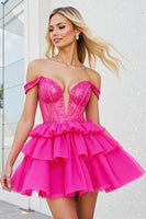 Load image into Gallery viewer, Sparkly Fuchsia Corset A Line Short Tulle Prom Dress