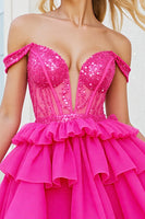 Load image into Gallery viewer, Sparkly Fuchsia Corset A Line Short Tulle Prom Dress