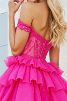 Load image into Gallery viewer, Sparkly Fuchsia Corset A Line Short Tulle Prom Dress