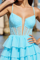 Load image into Gallery viewer, Light Blue Corset Tulle A Line Short Prom Dress with Lace