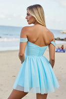 Load image into Gallery viewer, Light Blue A Line Tulle Off the Shoulder Short Prom Dress