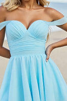 Load image into Gallery viewer, Light Blue A Line Tulle Off the Shoulder Short Prom Dress