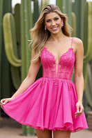 Load image into Gallery viewer, Corset Fuchsia Tulle A Line Short Prom Dress with Appliques