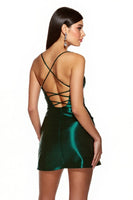 Load image into Gallery viewer, Dark Green Corset Satin A Line Short Prom Dress