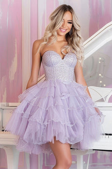 Sparkly Lilac A Line Beaded Tulle Short Prom Dress