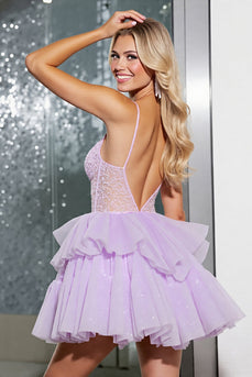 Lilac Corset A Line Tulle Short Prom Dress with Appliques