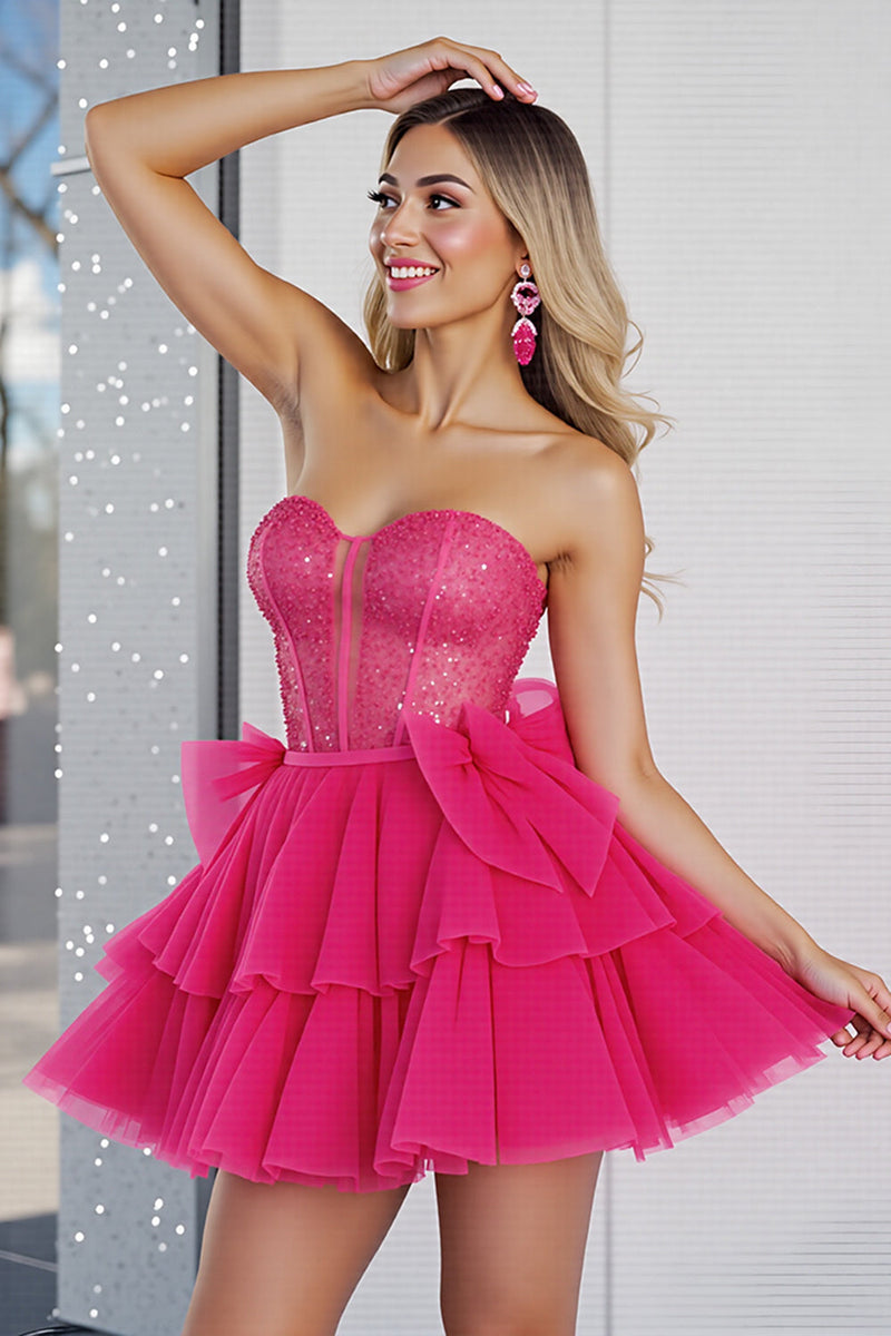 Load image into Gallery viewer, Sparkly Fuchsia Corset A Line Tulle Short Prom Dress with Beading