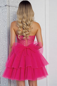 Sparkly Fuchsia Corset A Line Tulle Short Prom Dress with Beading