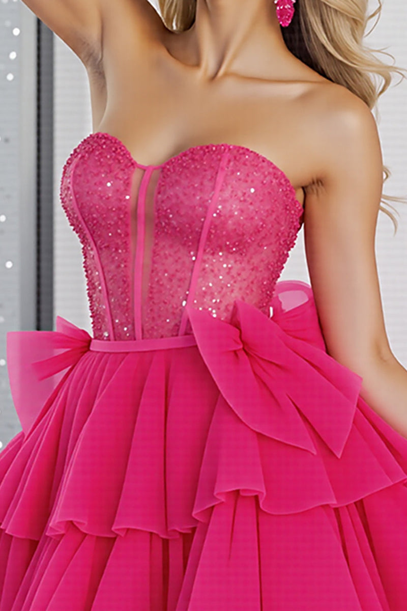 Load image into Gallery viewer, Sparkly Fuchsia Corset A Line Tulle Short Prom Dress with Beading