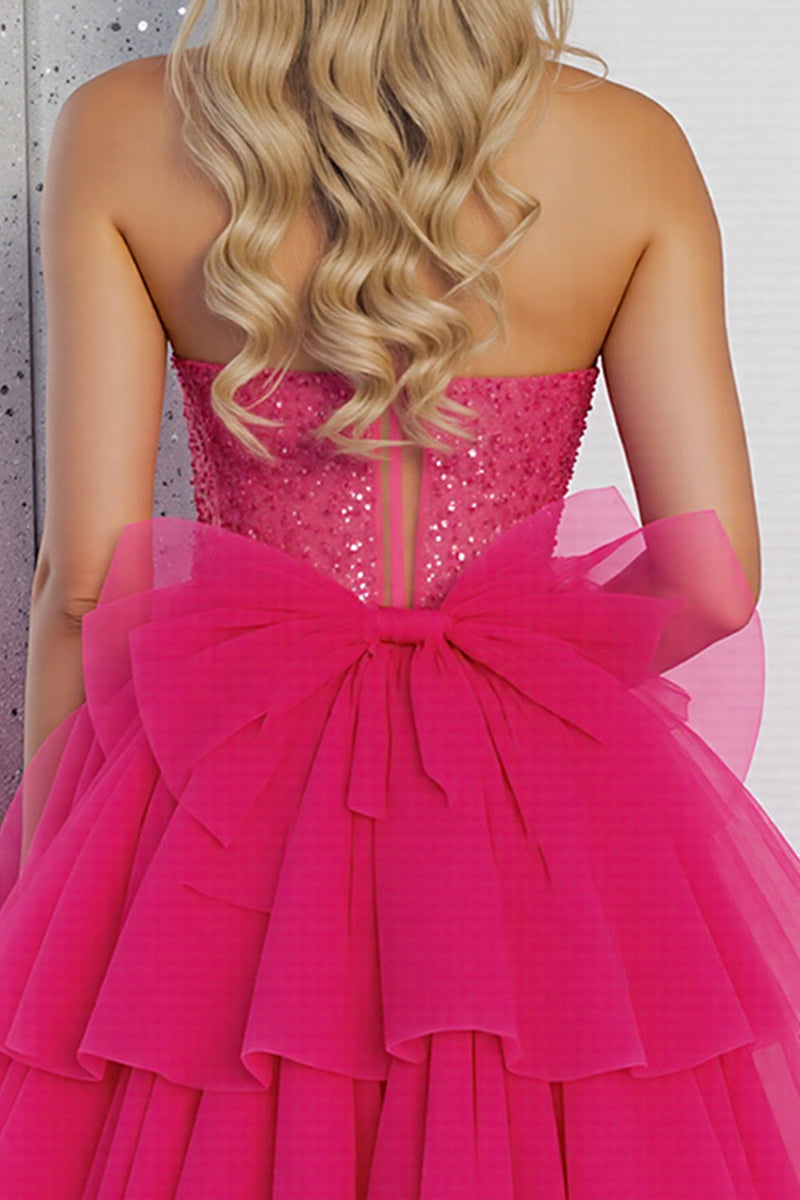 Load image into Gallery viewer, Sparkly Fuchsia Corset A Line Tulle Short Prom Dress with Beading