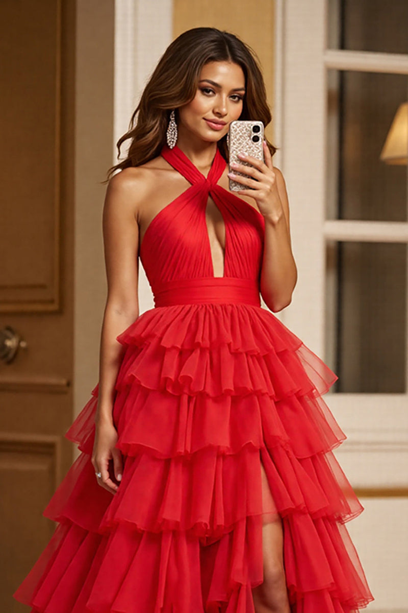 Red Party Dresses A Line Sweetheart Tulle Maxi Prom Dress With Slit And Pockets