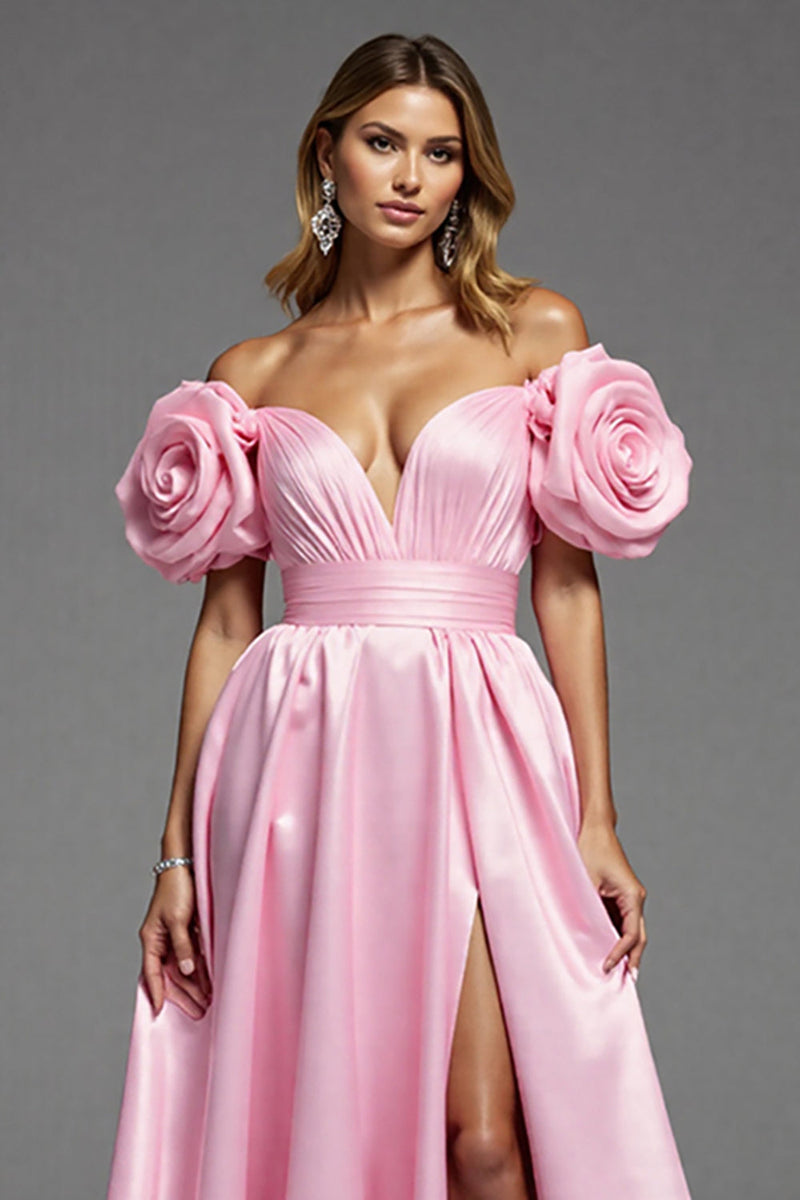 Load image into Gallery viewer, Pink Satin Floral A Line Maxi Prom Dress with Slit
