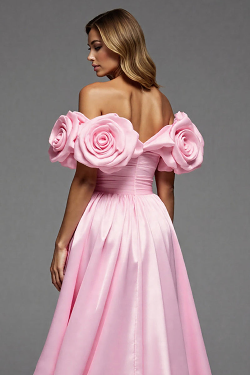 Load image into Gallery viewer, Pink Satin Floral A Line Maxi Prom Dress with Slit
