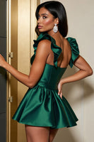 Load image into Gallery viewer, Dark Green Satin Ruffled A Line Short Prom Dress