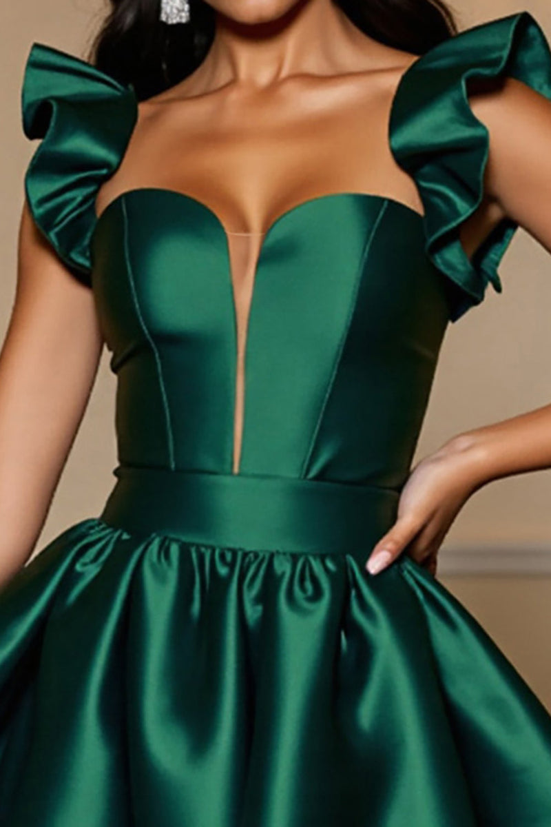 Load image into Gallery viewer, Dark Green Satin Ruffled A Line Short Prom Dress