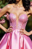 Load image into Gallery viewer, Sparkly Pink A Line Satin Short Corset Prom Dress with Beading
